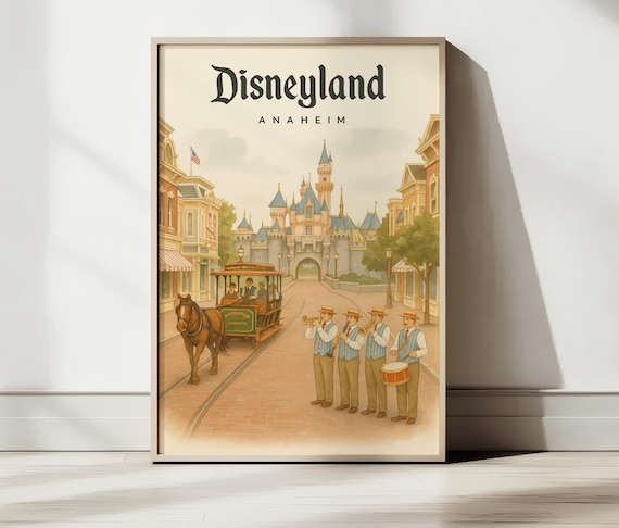 Disneyland Poster Anaheim | Vintage Main Street USA Print | Sleeping Beauty Castle & Horse-Drawn Trolley Wall Art | Retro Disney Decor
