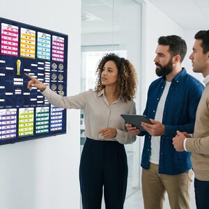 May include: A large wall-mounted digital display screen showing a complex tournament bracket graphic with colorful rectangular blocks, circular icons, and a central gold trophy illustration, used for tracking competitive match results.