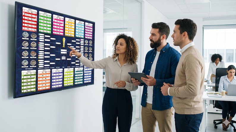 May include: A large wall-mounted digital display screen showing a complex tournament bracket graphic with colorful rectangular blocks, circular icons, and a central gold trophy illustration, used for tracking competitive match results.