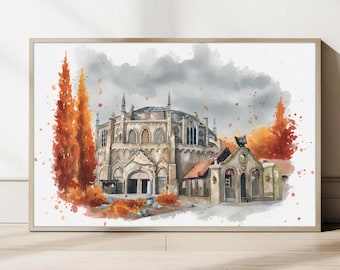 Danse Macabre Vintage-Aquarellposter, Gruselige Abteiarchitektur-Druck, Gotische Landschaftswanddekoration, Verlassener Friedhof, Efteling