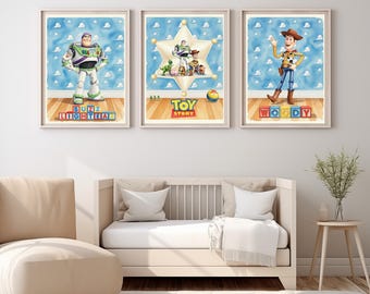 Toy Story Nursery Wall Art Set of 3 - Buzz Lightyear, Woody - Watercolor Disney Room Decor - Baby Boy Room Prints - Instant Download