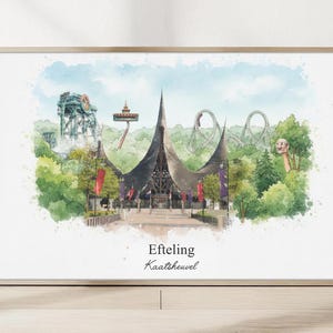 Op de afbeelding: Waterverfprint van het attractiepark Efteling in Kaatsheuvel, Nederland. Het kunstwerk toont de iconische structuren van het park, achtbanen en weelderig groen, met de tekst "Efteling Kaatsheuvel" onderaan. De print is ingelijst.