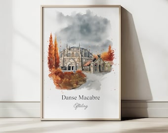Könnte beinhalten: Gerahmter Aquarelldruck mit einem Gebäude und dem Text "Danse Macabre Efteling". Das Kunstwerk zeigt ein Gebäude unter einem dunkelgrauen Himmel und Bäume in Herbstfarben. Der Rahmen ist aus Holz.