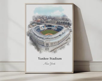 Op de afbeelding: Een ingelijste kunstdruk met een aquarelillustratie vanuit de lucht van het Yankee Stadium in New York. Het kunstwerk toont het honkbalveld, de stadionarchitectuur en omliggende gebouwen. De tekst luidt Yankee Stadium New York.