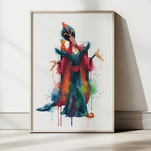 May include: Watercolor art print of a character in a framed print. The character is depicted in a colorful robe with a feathered hat and a small bird on the shoulder. The artwork has a watercolor effect with paint splatters.