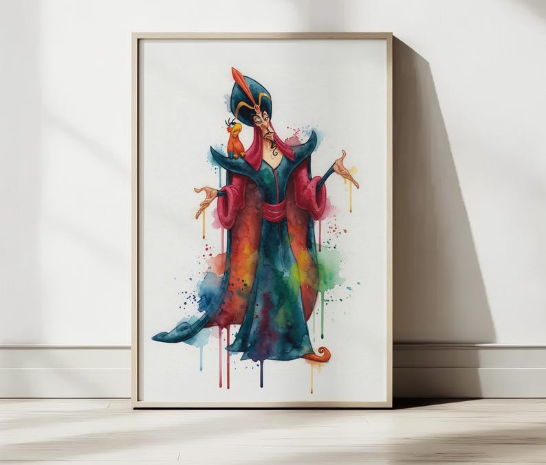 May include: Watercolor art print of a character in a framed print. The character is depicted in a colorful robe with a feathered hat and a small bird on the shoulder. The artwork has a watercolor effect with paint splatters.