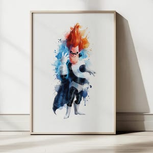 May include: Framed watercolor print of a superhero character with fiery red hair and a black mask. The character is depicted in a dynamic pose, wearing a black and white suit with a blue cape, set against a backdrop of colorful paint splatters.