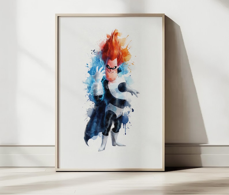 May include: Framed watercolor print of a superhero character with fiery red hair and a black mask. The character is depicted in a dynamic pose, wearing a black and white suit with a blue cape, set against a backdrop of colorful paint splatters.