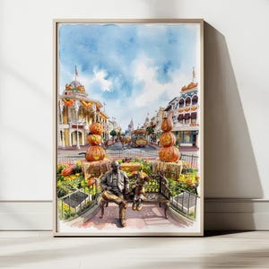 Halloween, Watercolor Poster, Magic Kingdom Fall Theme Park Digital Download, 2x3 Ratio Printable Wall Art, Roy Disney and Minnie Mouse