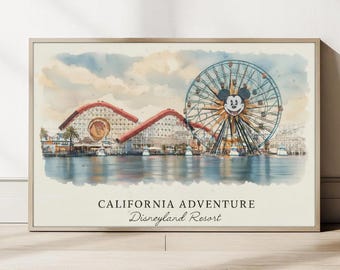 Puede incluir: Impresión en acuarela de California Adventure en Disneyland Resort. La imagen presenta la icónica noria con la cara de Mickey Mouse y los edificios de tejados rojos del parque. El texto "CALIFORNIA ADVENTURE Disneyland Resort" está en la parte inferior.