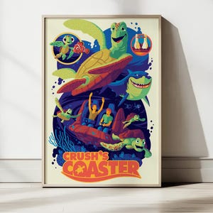 Puede incluir: Un póster rectangular con una ilustración colorida de tortugas marinas, un tiburón y dos personas en un vagón de montaña rusa. El texto CRUSH'S COASTER está impreso en letras grandes de color naranja con un pequeño icono de tortuga en la O.