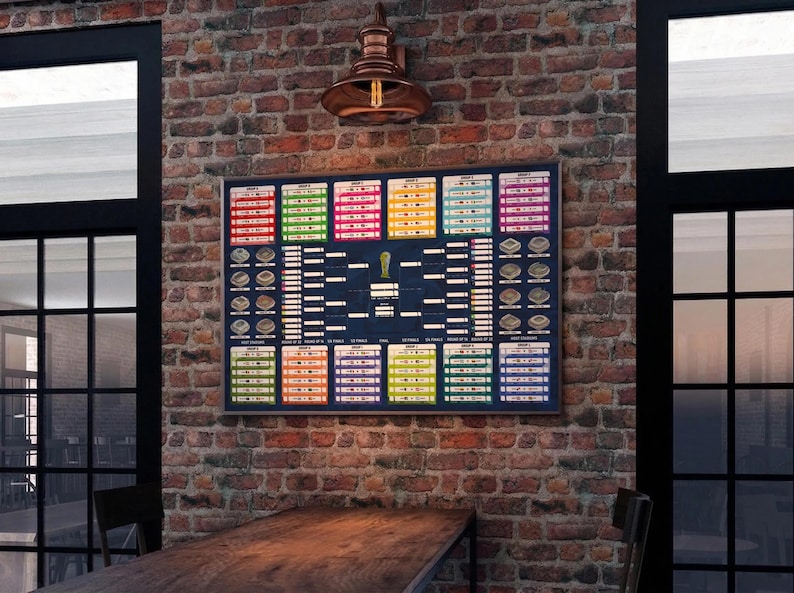 May include: A rectangular wall poster featuring a dark blue tournament bracket chart with colorful group sections in red, green, yellow, and pink. The center displays a gold trophy icon, surrounded by small stadium illustrations and text labels.