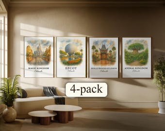 Walt Disney World - Orlando Wall Art Print – Vintage Watercolor Cinderella Castle Poster, Disney World Travel Illustration - 4 pack - 4pack
