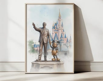 Disney Castle Wall Art – Walt and Mickey Partners Statue – Magic Kingdom Digital Print – Disney Inspired Poster – Instant Download