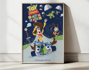 Toy Story Playland Poster, Vintage Disney Park Print, RC Racer Wall Art, Paris Theme Park Decor, Woody Rex Slinky Digital Download