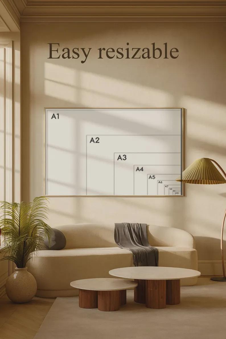 May include: A living room scene with a beige sofa, two round wooden coffee tables, and a framed print showing different paper sizes. The text "Easy resizable" is above the print. A floor lamp and a potted plant are also visible.
