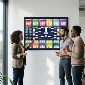 May include: A framed FIFA World Cup bracket chart displayed on a white wall in an office setting. A woman points to the chart while two men observe. The chart features a dark blue background with colorful sections.