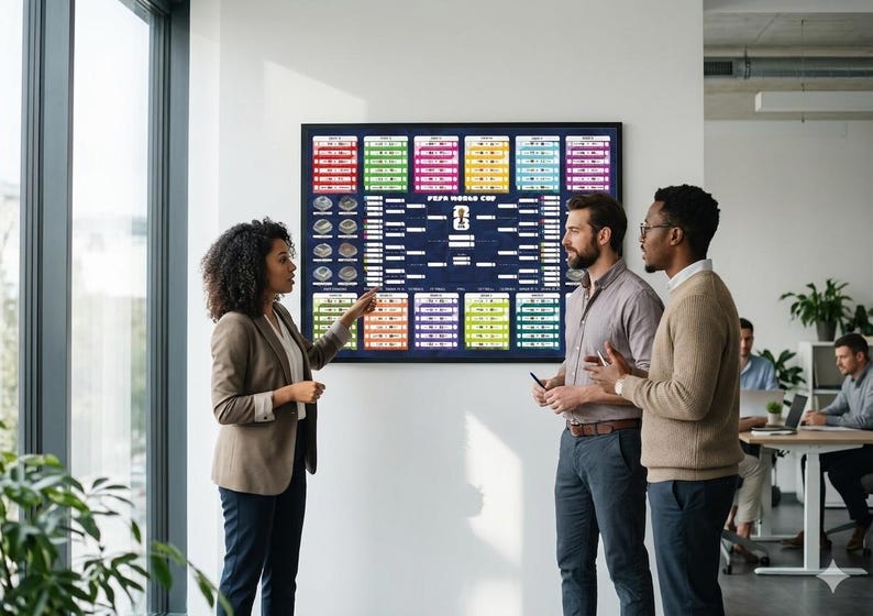 May include: A framed FIFA World Cup bracket chart displayed on a white wall in an office setting. A woman points to the chart while two men observe. The chart features a dark blue background with colorful sections.