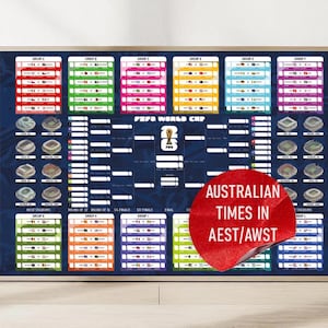 May include: A framed FIFA World Cup bracket chart with colourful group stage and knockout round information. The chart includes stadium illustrations and the text "FIFA World Cup". A red sticker with white text reads "AUSTRALIAN TIMES IN AEST/AWST".