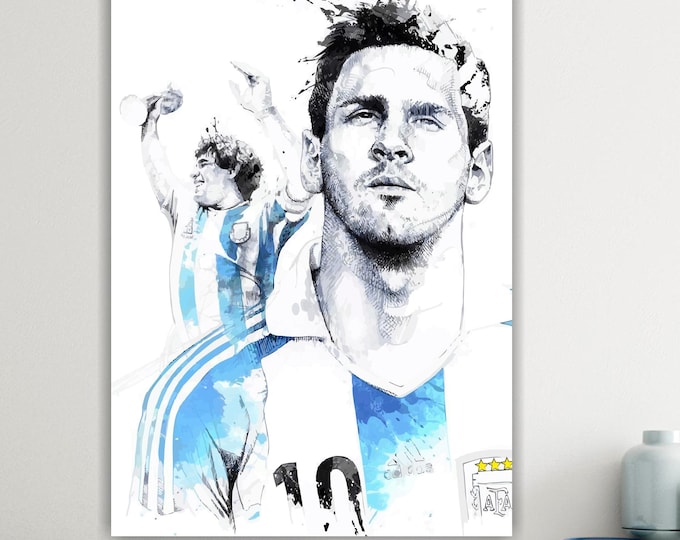 Lionel Messi & Maradona Football Player Portrait, Canvas Art Print: Reproduction Ready to Hang
