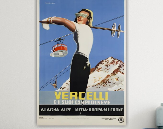 Vercelli, Italy, Ski Vintage Artistic Reproduction Canvas Print: Handmade Movie art