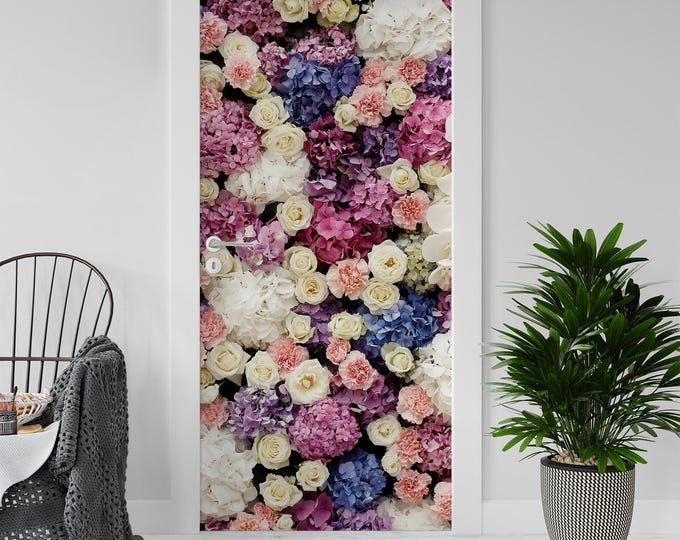 Sticker Decal for Door, Window, Fridge, Pink Flowers decoration, Peel and Stick PVC