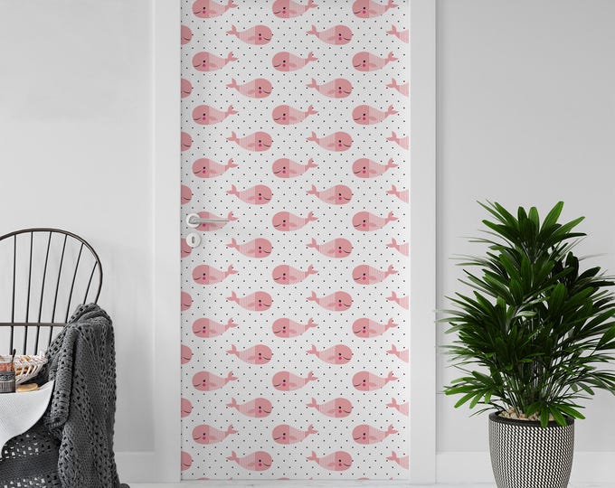 Sticker Decal for Door, Window, Fridge, Pink Whales, Peel and Stick PVC
