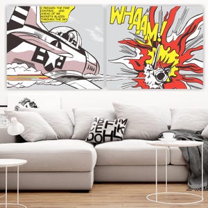 May include: Two-panel pop art print featuring a fighter jet and an explosion. The left panel shows a pink and white jet with text: "I pressed the fire control... and ahead of me rockets blazed through the sky." The right panel shows an explosion with the word "WHAAM!"