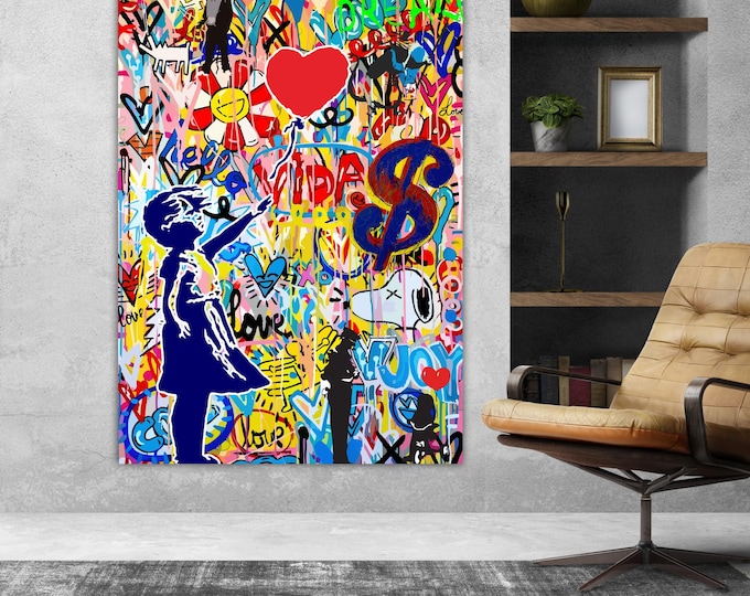 Graffiti Banksy Girl Rainbow, Art Reproduction, Print on canvas, poster or ready to hang