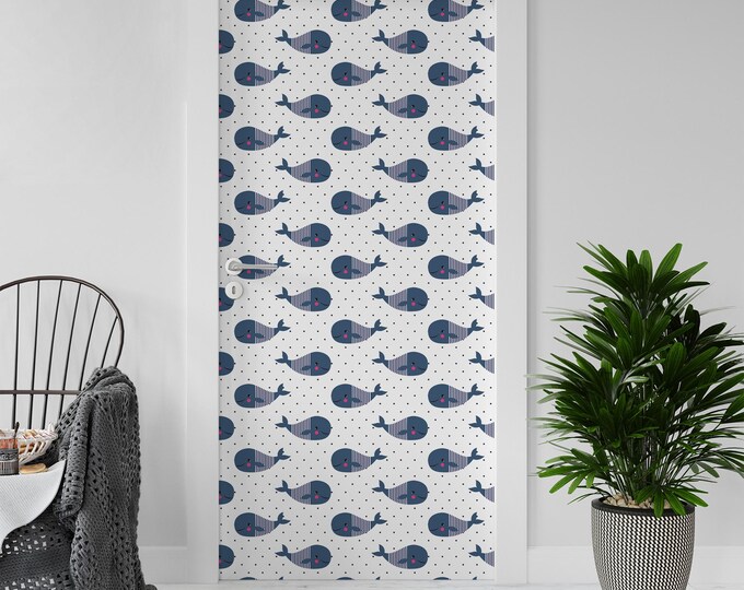 Sticker Decal for Door, Window, Fridge, Blue Whales, Peel and Stick PVC