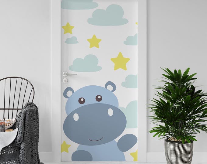 Sticker Decal for Door, Window, Fridge, Little Hippo, Peel and Stick PVC
