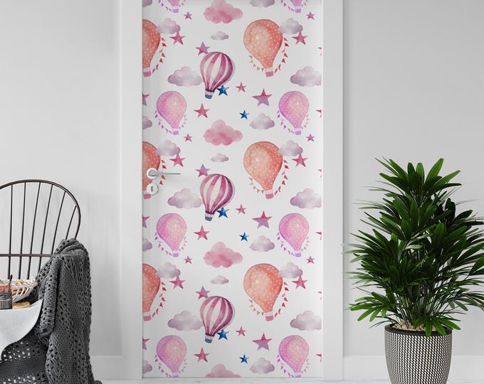 Sticker Decal for Door, Window, Fridge, Pink Hot Air Balloons, Peel and Stick PVC