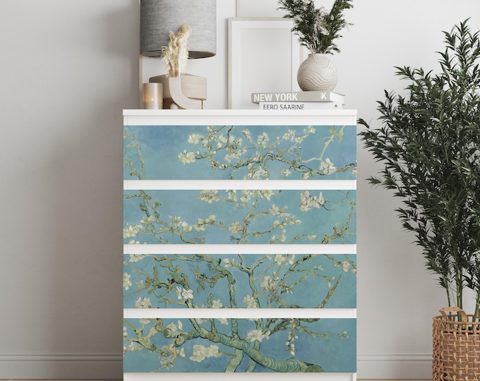 Personalized adhesives IKEA MALM dresser overlay, Van Gogh Almond, Coverings for 2, 3, 4, 6 drawers