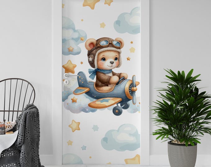 Sticker Decal for Door, Window, Fridge, Bear aviator, Peel and Stick PVC