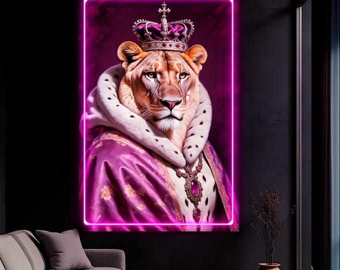 Queen Lioness Reproduction Neon Art: Pop art LED sign, ready to hang, Canvas Print
