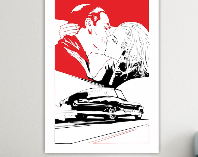 Diabolik and Eva Kiss Canvas Print: Italian Comic Art Reproduction
