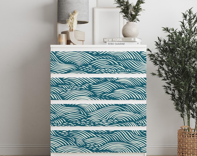 Personalized adhesives IKEA MALM dresser overlay, Green Waves , Coverings for 2, 3, 4, 6 drawers