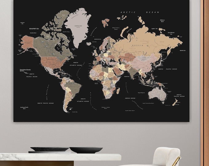 World Map Canvas Print: black background, Art Deco Reproduction
