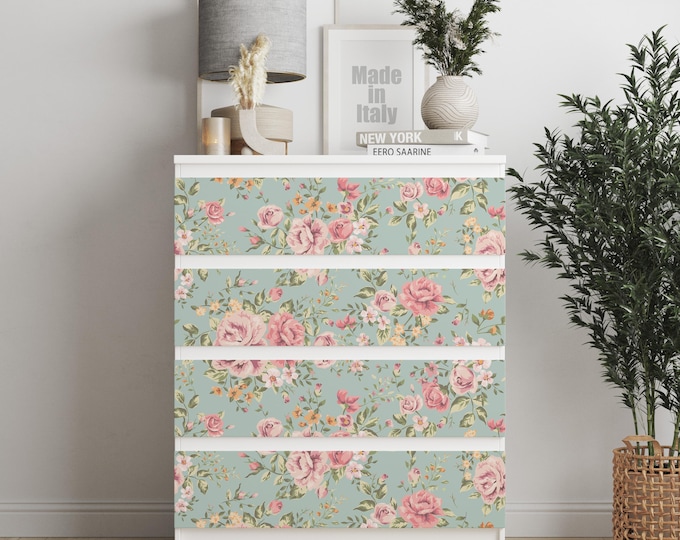 Personalized adhesives IKEA MALM dresser overlay, Green Pink Roses, Coverings for 2, 3, 4, 6 drawers