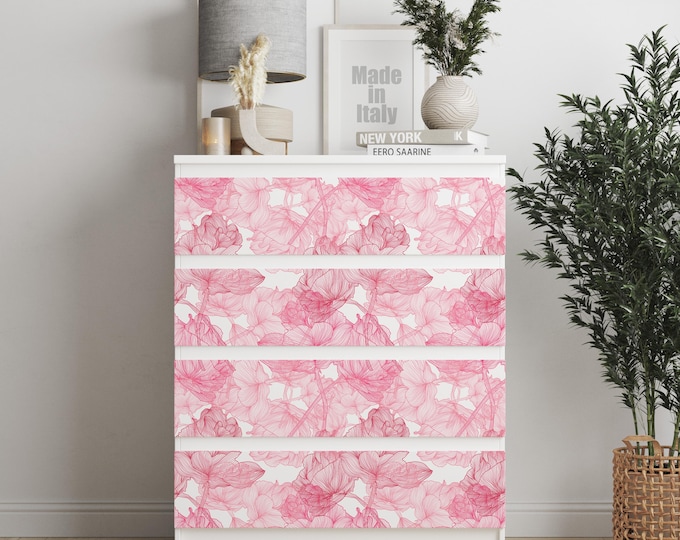 Personalized adhesives IKEA MALM dresser overlay, Pink Flowers, Coverings for 2, 3, 4, 6 drawers