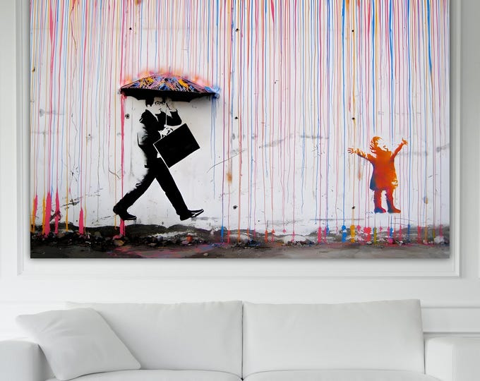 Graffiti Banksy Raining, Art Reproduction, Print on canvas, poster or ready to hang