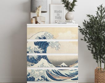 Personalized adhesives IKEA MALM dresser overlay, Hokusai Wave, Coverings for 2, 3, 4, 6 drawers