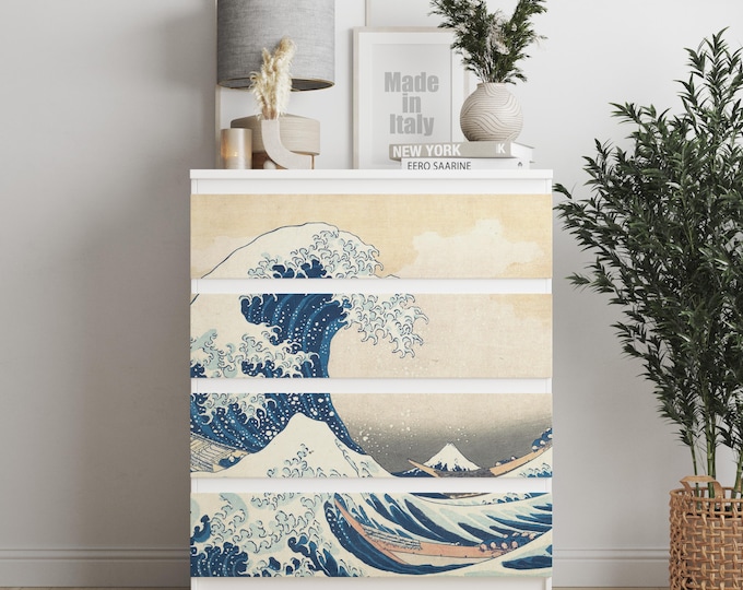 Personalized adhesives IKEA MALM dresser overlay, Hokusai Wave, Coverings for 2, 3, 4, 6 drawers