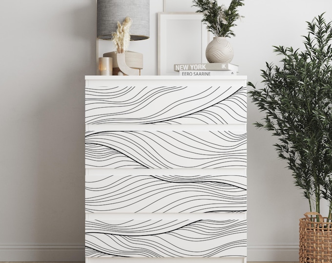 Personalized adhesives IKEA MALM dresser overlay, Black Waves , Coverings for 2, 3, 4, 6 drawers