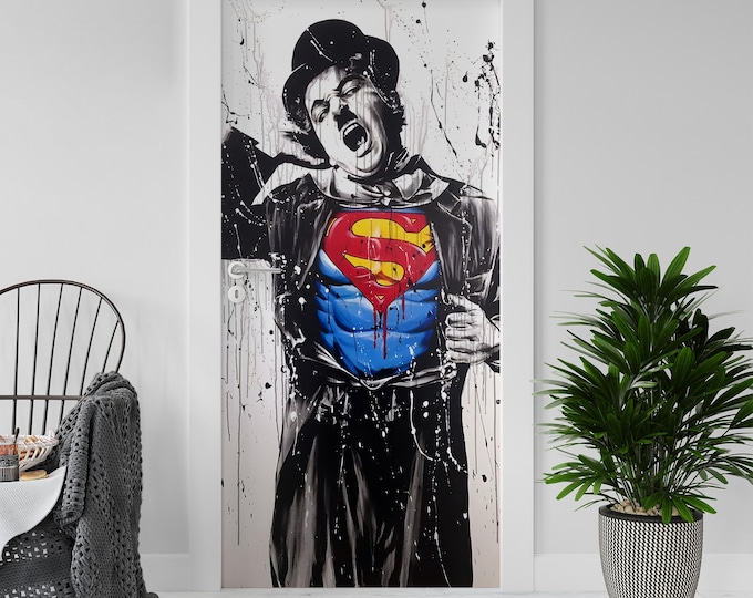 Sticker Decal for Door, Window, Fridge, Charlie Chaplin Super, Peel and Stick PVC