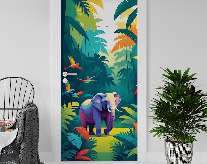 Sticker Decal for Door, Window, Fridge, Jungle Elephant, Peel and Stick PVC Self-adhesive Wrap