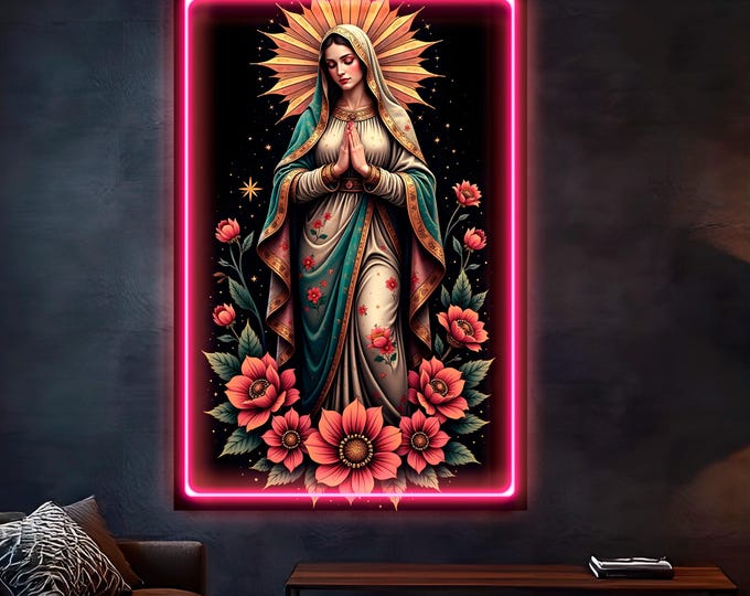 Virgin Mary Roses Reproduction Neon Art: Pop art LED sign, ready to hang, Print