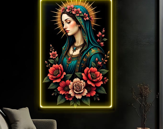 Virgin Mary Reproduction Neon Art: Pop art LED sign, ready to hang, Canvas Print