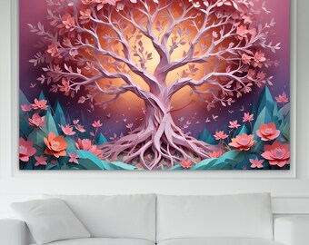 Zen Tree of Life Pink Canvas Art Print: Handmade in Italy
