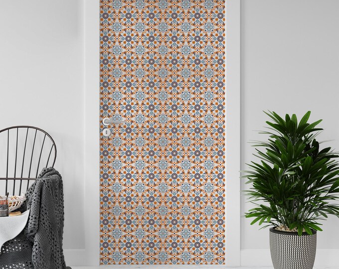 Sticker Decal for Door, Window, Fridge, Blue and Orange Tiles, Peel and Stick PVC